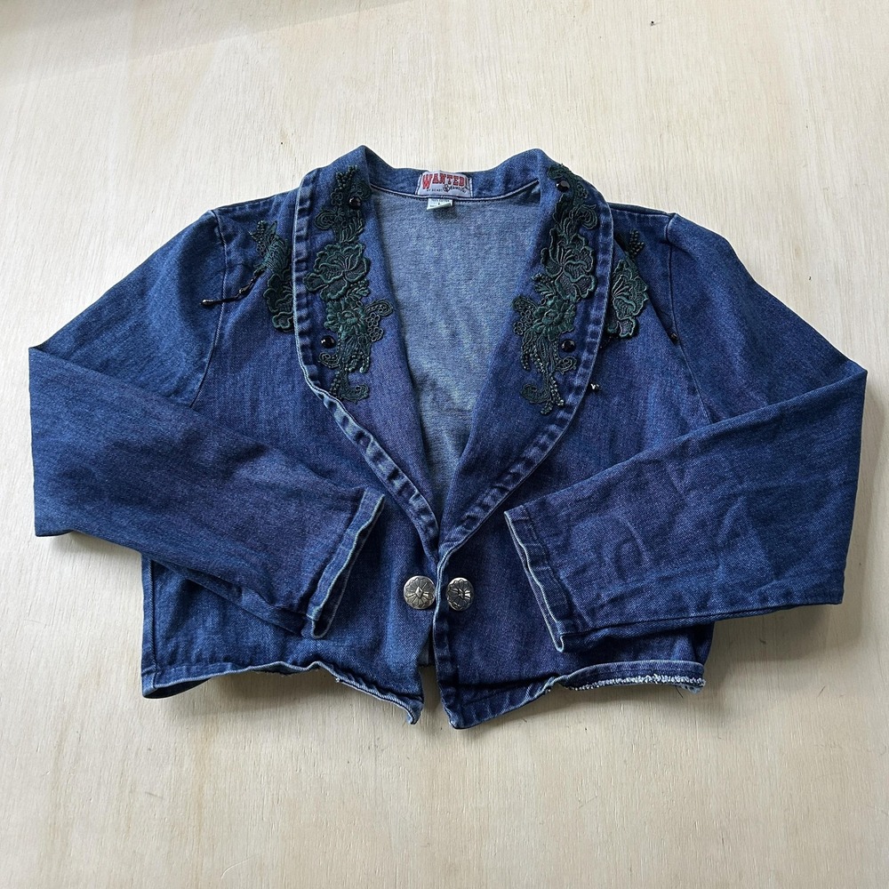 Vintage 80s Wanted Blazer Jacket Womens Large Blue Denim Beaded Lace Embroidered
